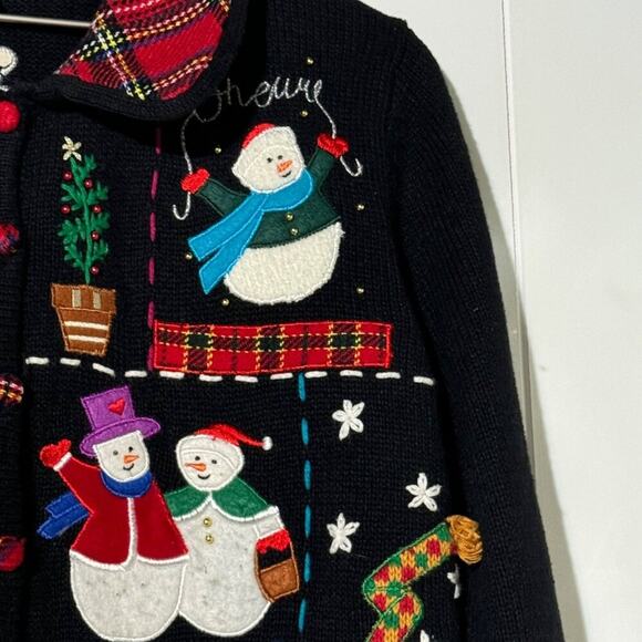Studio Joy · XL Christmas Cardigan Sweater Snowman Santa Embroidered Plaid Trim - Picture 7 of 11